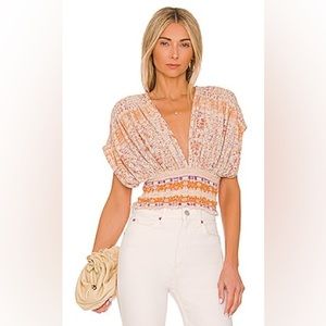 Free People Smocked Elastic V-Neck Blouse In Ivory Combo Size M NWT